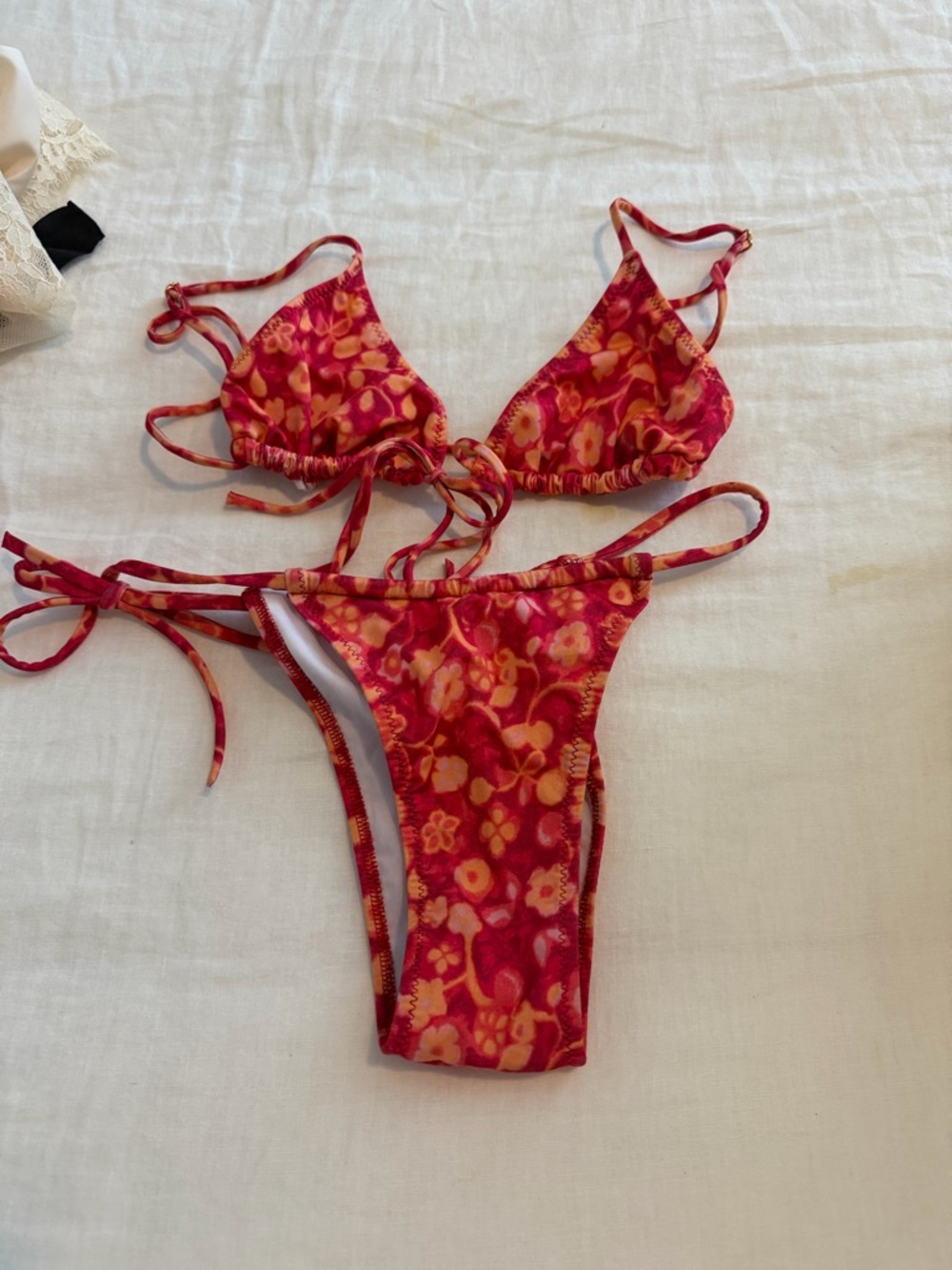 Heavy Manners Red and Orange Floral Tie-Side Bikini